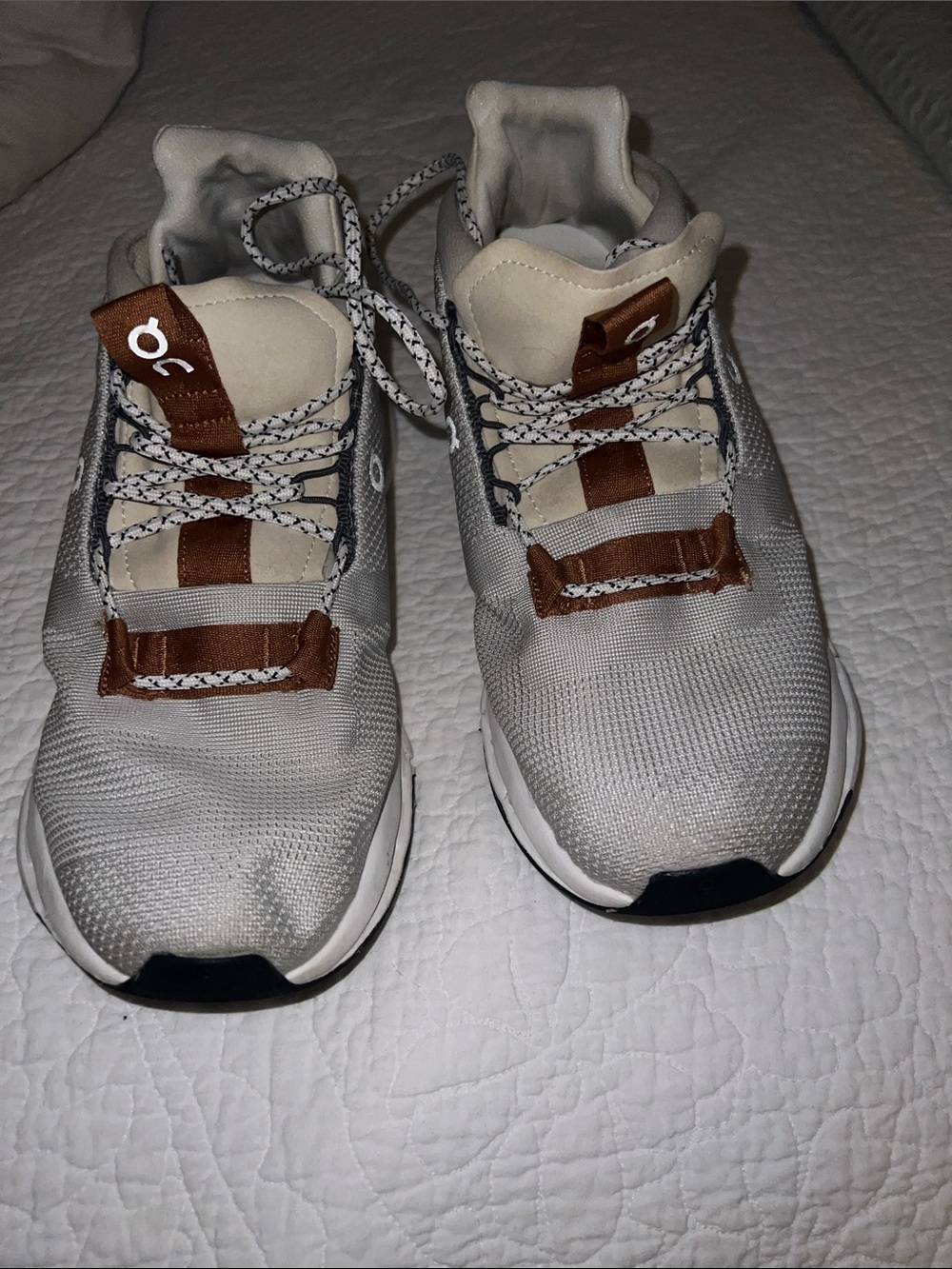 On Running women’s Athletic Sneakers in Light Gray and Brown Accent